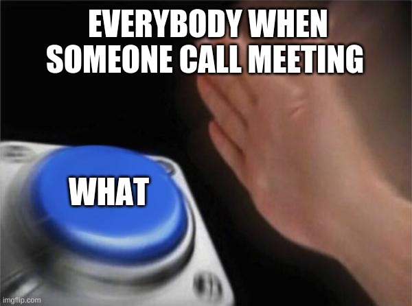 Blank Nut Button | EVERYBODY WHEN SOMEONE CALL MEETING; WHAT | image tagged in memes,blank nut button | made w/ Imgflip meme maker