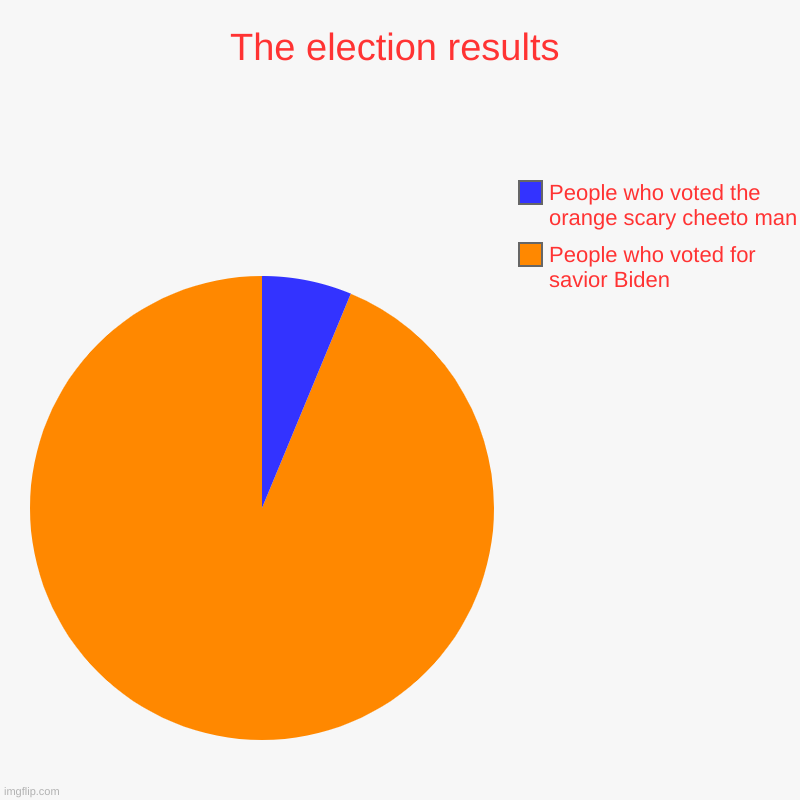 the election results | The election results | People who voted for savior Biden, People who voted the orange scary cheeto man | image tagged in charts,pie charts | made w/ Imgflip chart maker