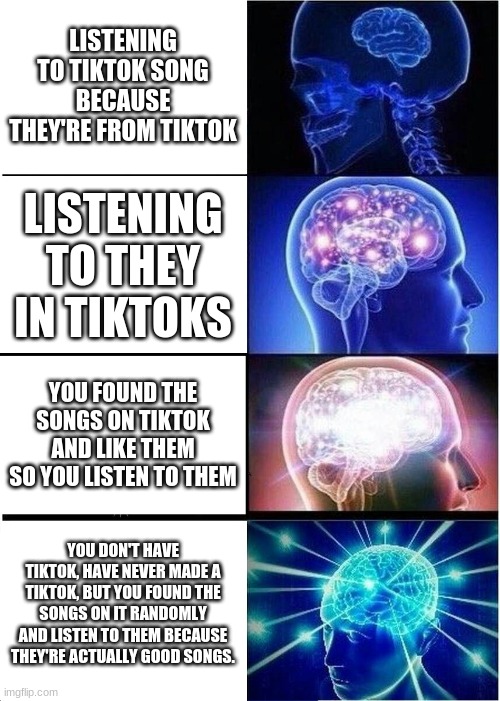 Expanding Brain Meme | LISTENING TO TIKTOK SONG BECAUSE THEY'RE FROM TIKTOK; LISTENING TO THEY IN TIKTOKS; YOU FOUND THE SONGS ON TIKTOK AND LIKE THEM SO YOU LISTEN TO THEM; YOU DON'T HAVE TIKTOK, HAVE NEVER MADE A TIKTOK, BUT YOU FOUND THE SONGS ON IT RANDOMLY AND LISTEN TO THEM BECAUSE THEY'RE ACTUALLY GOOD SONGS. | image tagged in memes,expanding brain | made w/ Imgflip meme maker
