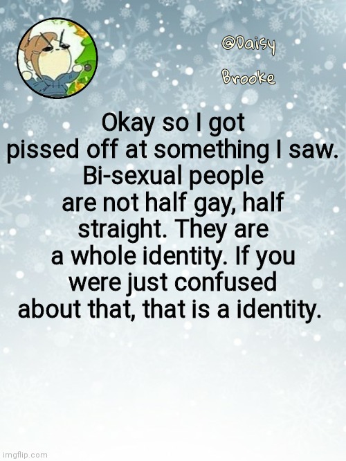 Identity as Sexual orientation | Okay so I got pissed off at something I saw.
Bi-sexual people are not half gay, half straight. They are a whole identity. If you were just confused about that, that is a identity. | image tagged in daisy's christmas template | made w/ Imgflip meme maker