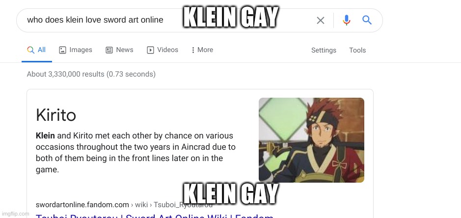 Klein is gay | KLEIN GAY; KLEIN GAY | image tagged in klein,sword art online,gay,meme,anime | made w/ Imgflip meme maker