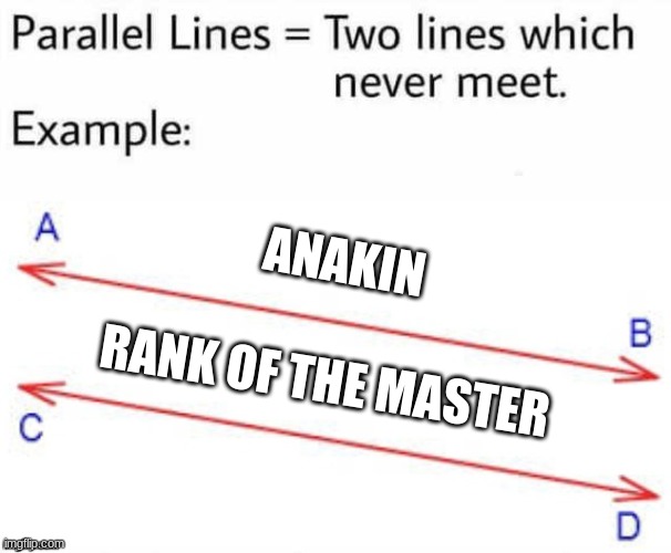 lol i dont know but whatever | ANAKIN; RANK OF THE MASTER | image tagged in parallel lines | made w/ Imgflip meme maker