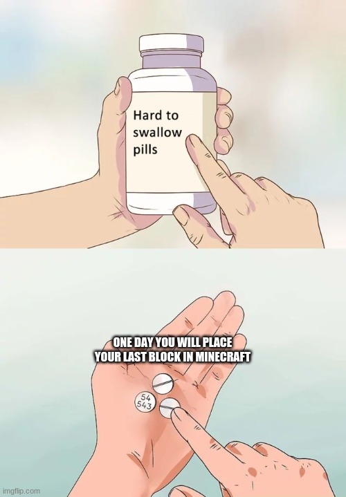Hard To Swallow Pills | ONE DAY YOU WILL PLACE YOUR LAST BLOCK IN MINECRAFT | image tagged in memes,hard to swallow pills | made w/ Imgflip meme maker