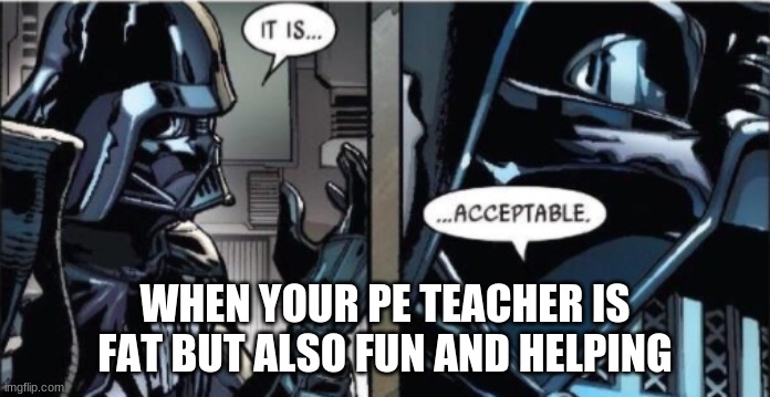 It Is Acceptable | WHEN YOUR PE TEACHER IS FAT BUT ALSO FUN AND HELPING | image tagged in it is acceptable | made w/ Imgflip meme maker