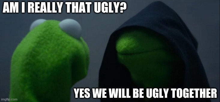 Evil Kermit | AM I REALLY THAT UGLY? YES WE WILL BE UGLY TOGETHER | image tagged in memes,evil kermit | made w/ Imgflip meme maker
