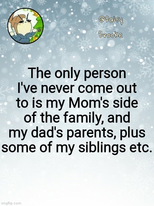 Well dang I've only come out to 5 people | The only person I've never come out to is my Mom's side of the family, and my dad's parents, plus some of my siblings etc. | image tagged in daisy's christmas template | made w/ Imgflip meme maker