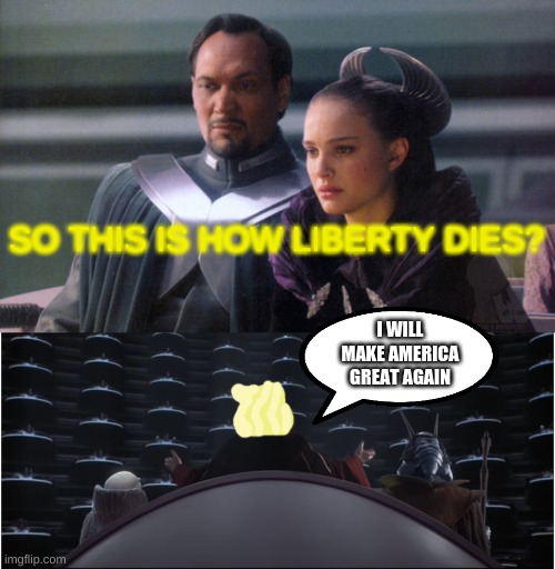 SO THIS IS HOW LIBERTY DIES? I WILL MAKE AMERICA GREAT AGAIN | image tagged in so this is how democracy dies | made w/ Imgflip meme maker