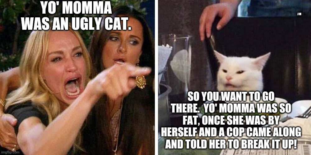 Smudge the cat | YO' MOMMA WAS AN UGLY CAT. J M; SO YOU WANT TO GO THERE.  YO' MOMMA WAS SO FAT, ONCE SHE WAS BY HERSELF AND A COP CAME ALONG AND TOLD HER TO BREAK IT UP! | image tagged in smudge the cat | made w/ Imgflip meme maker