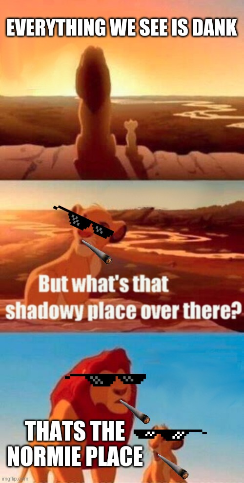 no normies | EVERYTHING WE SEE IS DANK; THATS THE NORMIE PLACE | image tagged in memes,simba shadowy place,dank,dank memes,deal with it,lion king | made w/ Imgflip meme maker