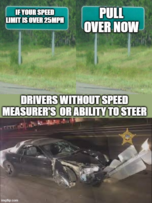 hitting road sign | IF YOUR SPEED LIMIT IS OVER 25MPH; PULL OVER NOW; DRIVERS WITHOUT SPEED MEASURER'S  OR ABILITY TO STEER | image tagged in green road sign blank | made w/ Imgflip meme maker
