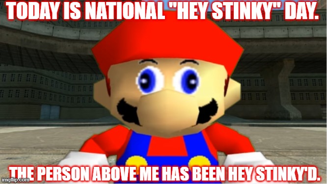 HEY STINKY | TODAY IS NATIONAL "HEY STINKY" DAY. THE PERSON ABOVE ME HAS BEEN HEY STINKY'D. | image tagged in smg4 mario derp reaction,smg4,mario,super mario | made w/ Imgflip meme maker