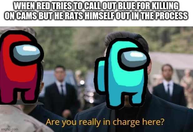 Are you really in charge here? | WHEN RED TRIES TO CALL OUT BLUE FOR KILLING ON CAMS BUT HE RATS HIMSELF OUT IN THE PROCESS | image tagged in are you really in charge here | made w/ Imgflip meme maker