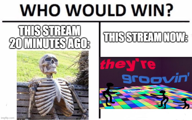 lol speeeeeeeeeeeeeeeeeeeeed (that's what she said - Cr8zy) | THIS STREAM 20 MINUTES AGO:; THIS STREAM NOW: | image tagged in memes,who would win | made w/ Imgflip meme maker