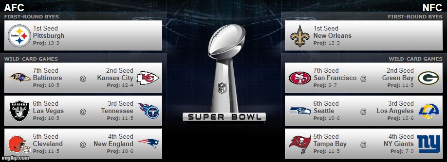 My NFL playoff projection.  I was going to post it in the sports stream, but it wouldn't be viewed as much... | image tagged in nfl,nfl playoffs,football | made w/ Imgflip meme maker