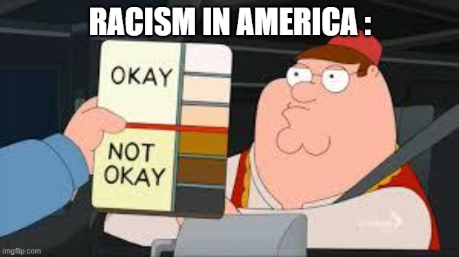 racist peter griffin family guy | RACISM IN AMERICA : | image tagged in racist peter griffin family guy | made w/ Imgflip meme maker