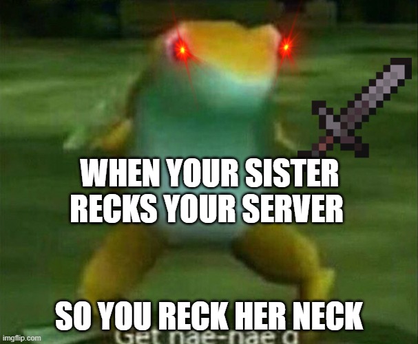 Get nae-nae'd | WHEN YOUR SISTER RECKS YOUR SERVER; SO YOU RECK HER NECK | image tagged in get nae-nae'd | made w/ Imgflip meme maker