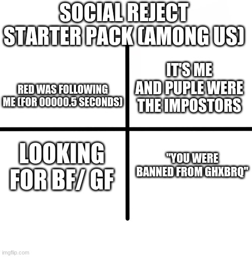 Blank Starter Pack | SOCIAL REJECT STARTER PACK (AMONG US); RED WAS FOLLOWING ME (FOR 00000.5 SECONDS); IT'S ME AND PUPLE WERE THE IMPOSTORS; "YOU WERE BANNED FROM GHXBRQ"; LOOKING FOR BF/ GF | image tagged in memes,blank starter pack | made w/ Imgflip meme maker