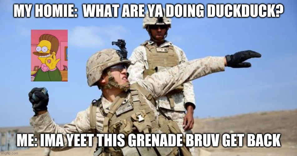 Toss grenade | MY HOMIE:  WHAT ARE YA DOING DUCKDUCK? ME: IMA YEET THIS GRENADE BRUV GET BACK | image tagged in toss grenade | made w/ Imgflip meme maker