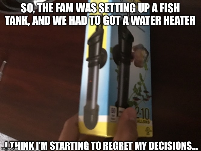 Water heater | SO, THE FAM WAS SETTING UP A FISH TANK, AND WE HAD TO GOT A WATER HEATER; I THINK I’M STARTING TO REGRET MY DECISIONS... | image tagged in failed design | made w/ Imgflip meme maker