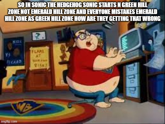 rant | SO IN SONIC THE HEDGEHOG SONIC STARTS N GREEN HILL ZONE NOT EMERALD HILL ZONE AND EVERYONE MISTAKES EMERALD HILL ZONE AS GREEN HILL ZONE HOW ARE THEY GETTING THAT WRONG | image tagged in lol | made w/ Imgflip meme maker
