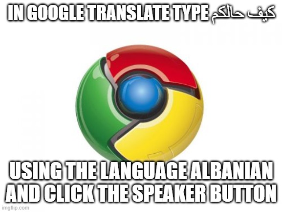 search it up | IN GOOGLE TRANSLATE TYPE كيف حالكم; USING THE LANGUAGE ALBANIAN AND CLICK THE SPEAKER BUTTON | image tagged in memes,google chrome | made w/ Imgflip meme maker
