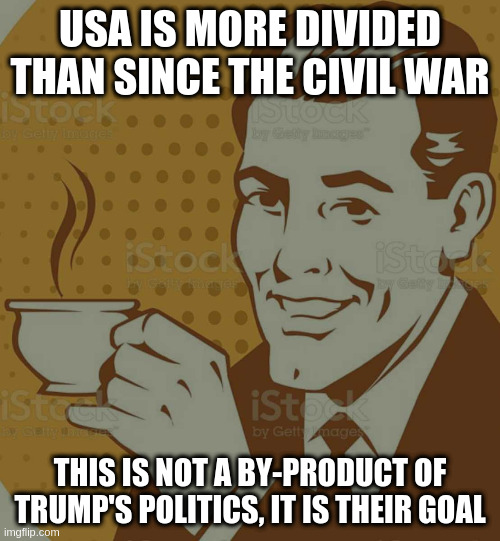 Mug Approval | USA IS MORE DIVIDED THAN SINCE THE CIVIL WAR; THIS IS NOT A BY-PRODUCT OF TRUMP'S POLITICS, IT IS THEIR GOAL | image tagged in mug approval,rumpt | made w/ Imgflip meme maker
