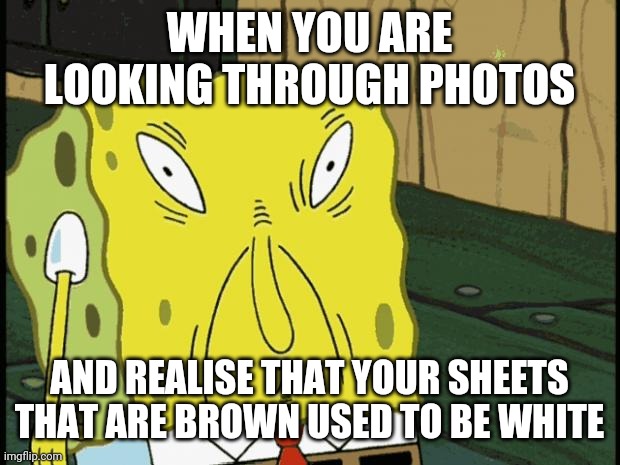 Some people won't get this | WHEN YOU ARE LOOKING THROUGH PHOTOS; AND REALISE THAT YOUR SHEETS THAT ARE BROWN USED TO BE WHITE | image tagged in spongebob funny face | made w/ Imgflip meme maker