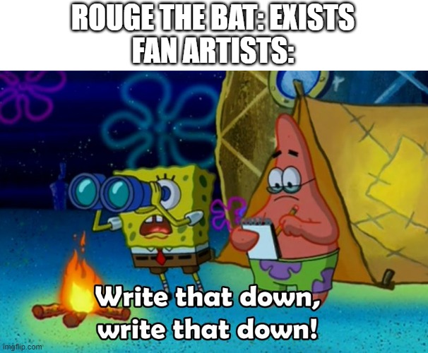 write that down | ROUGE THE BAT: EXISTS
FAN ARTISTS: | image tagged in write that down | made w/ Imgflip meme maker