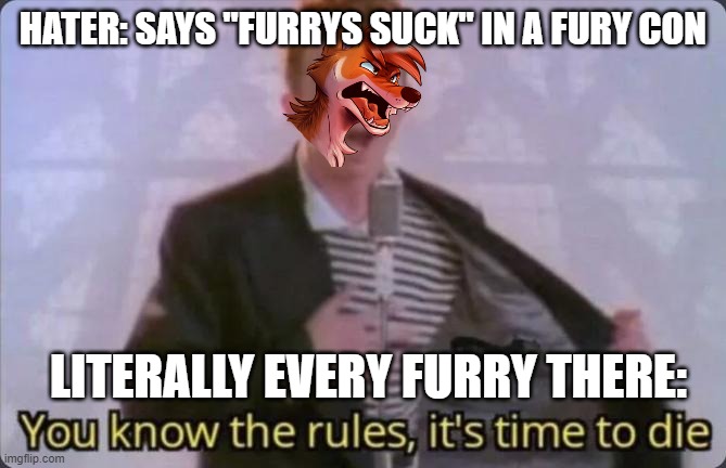 thee hater has made a mistake |  HATER: SAYS "FURRYS SUCK" IN A FURY CON; LITERALLY EVERY FURRY THERE: | image tagged in you know the rules it's time to die | made w/ Imgflip meme maker