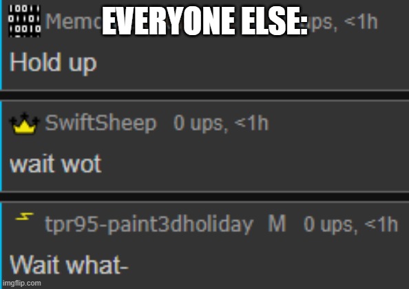 Triple hold up | EVERYONE ELSE: | image tagged in triple hold up | made w/ Imgflip meme maker