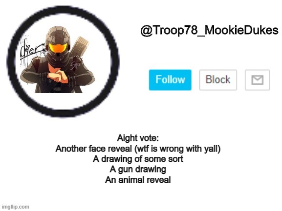 *sigh* | Aight vote:
Another face reveal (wtf is wrong with yall)
A drawing of some sort
A gun drawing
An animal reveal | image tagged in troop78_mookiedukes | made w/ Imgflip meme maker