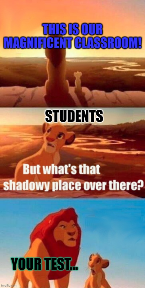 Students... | THIS IS OUR MAGNIFICENT CLASSROOM! STUDENTS; YOUR TEST... | image tagged in memes,simba shadowy place | made w/ Imgflip meme maker