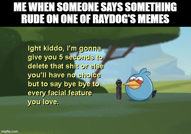 I'm calling the police... | ME WHEN SOMEONE SAYS SOMETHING RUDE ON ONE OF RAYDOG'S MEMES | image tagged in ight kiddo,raydog,rude,delete this | made w/ Imgflip meme maker