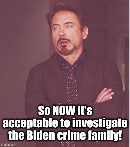Puh-lease... | So NOW it's acceptable to investigate the Biden crime family! | image tagged in memes,face you make robert downey jr,biden,crime family,investigation,now | made w/ Imgflip meme maker
