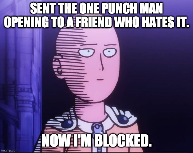 :,) | SENT THE ONE PUNCH MAN OPENING TO A FRIEND WHO HATES IT. NOW I'M BLOCKED. | image tagged in one punch man | made w/ Imgflip meme maker