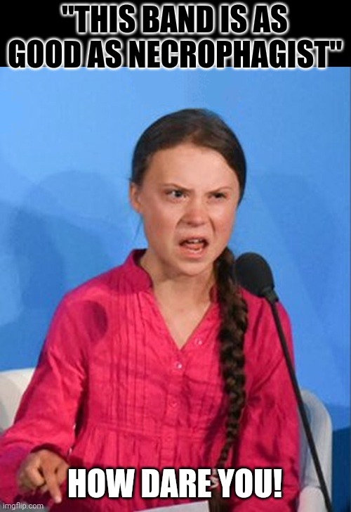 Necrophagist Much? | "THIS BAND IS AS GOOD AS NECROPHAGIST"; HOW DARE YOU! | image tagged in greta thunberg how dare you | made w/ Imgflip meme maker