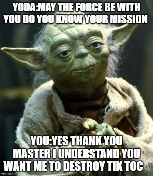 Star Wars Yoda | YODA:MAY THE FORCE BE WITH YOU DO YOU KNOW YOUR MISSION; YOU:YES THANK YOU MASTER I UNDERSTAND YOU WANT ME TO DESTROY TIK TOC | image tagged in memes,star wars yoda | made w/ Imgflip meme maker