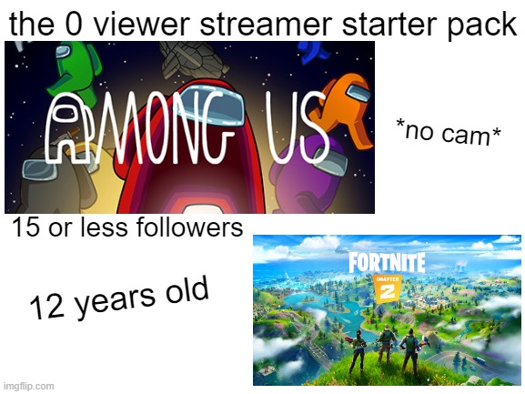 this is me lol | the 0 viewer streamer starter pack; *no cam*; 15 or less followers; 12 years old | image tagged in blank white template,starter pack,relatable | made w/ Imgflip meme maker