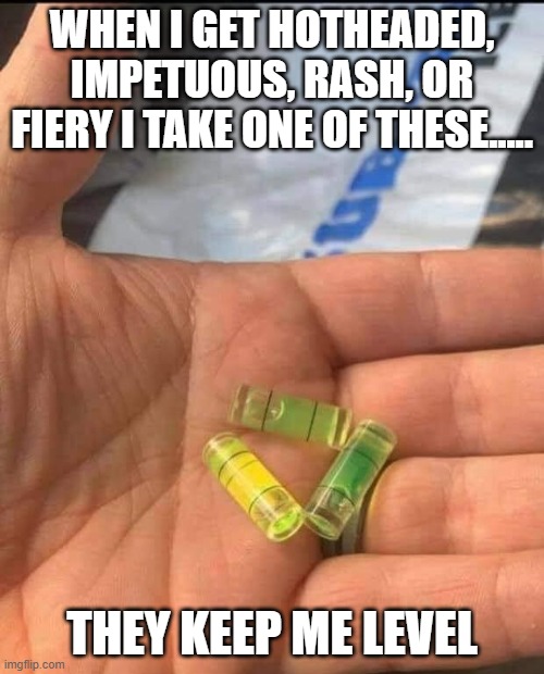 I'll stop making puns but they feel SO good | WHEN I GET HOTHEADED, IMPETUOUS, RASH, OR FIERY I TAKE ONE OF THESE..... THEY KEEP ME LEVEL | image tagged in level,bad pun | made w/ Imgflip meme maker