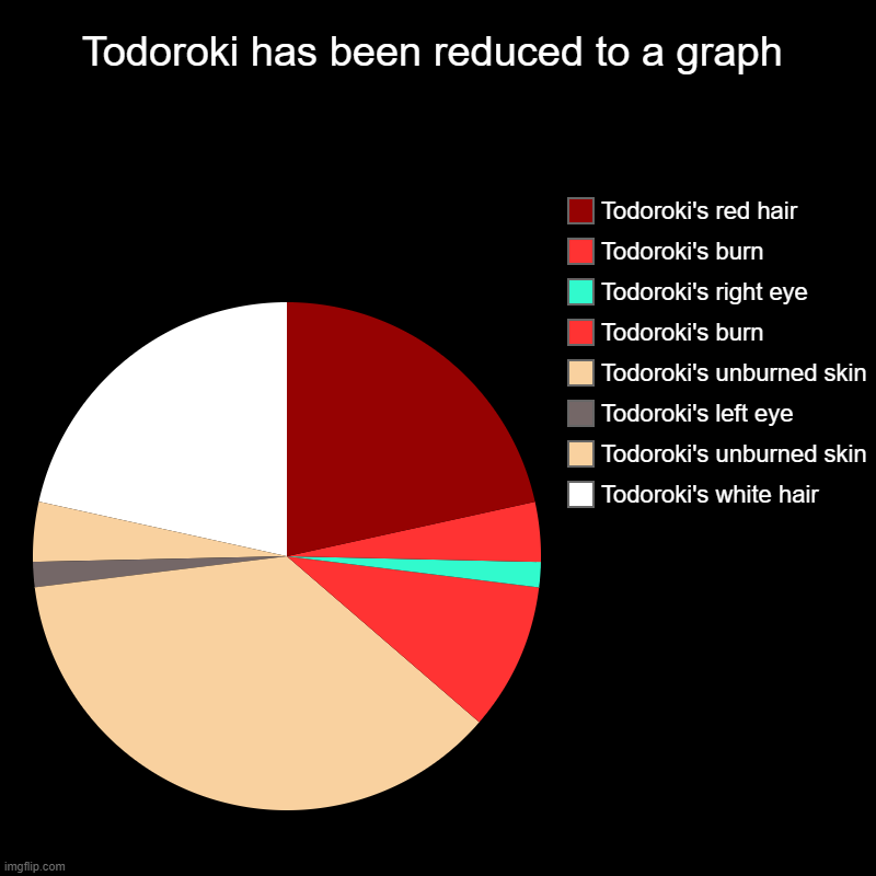 This took WAY TOO LONG to get exact. | Todoroki has been reduced to a graph | Todoroki's white hair, Todoroki's unburned skin, Todoroki's left eye, Todoroki's unburned skin, Todor | image tagged in charts,pie charts,todoroki,bnha,mha | made w/ Imgflip chart maker