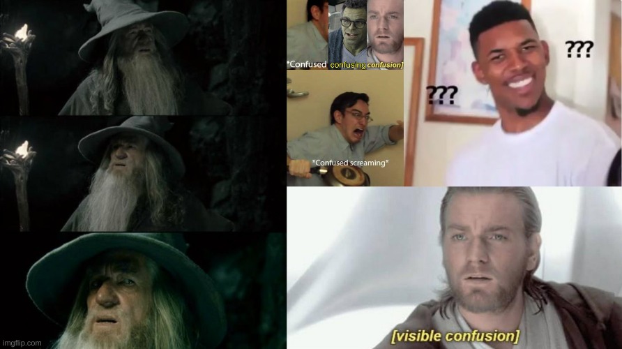 image tagged in memes,confused gandalf,confused confusing confusion,filthy frank confused scream,nick young,visible confusion | made w/ Imgflip meme maker