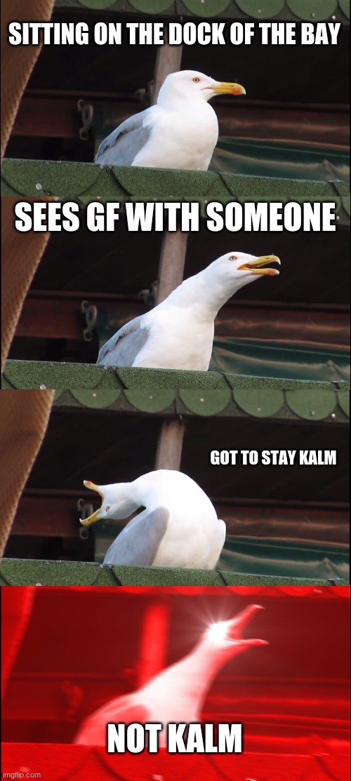 Inhaling Seagull | SITTING ON THE DOCK OF THE BAY; SEES GF WITH SOMEONE; GOT TO STAY KALM; NOT KALM | image tagged in memes,inhaling seagull | made w/ Imgflip meme maker