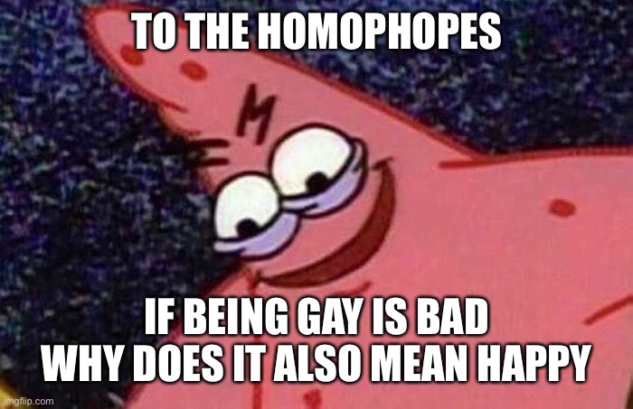 We’ve won | TO THE HOMOPHOPES; IF BEING GAY IS BAD WHY DOES IT ALSO MEAN HAPPY | image tagged in evil patrick | made w/ Imgflip meme maker
