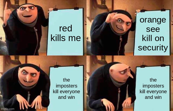 gru plan for getting the crewmate victory | red kills me; orange see kill on security; the imposters kill everyone and win; the imposters kill everyone and win | image tagged in memes,gru's plan | made w/ Imgflip meme maker