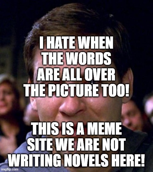 crying peter parker | I HATE WHEN THE WORDS ARE ALL OVER THE PICTURE TOO! THIS IS A MEME SITE WE ARE NOT WRITING NOVELS HERE! | image tagged in crying peter parker | made w/ Imgflip meme maker