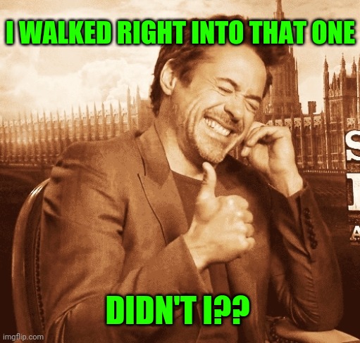 laughing | I WALKED RIGHT INTO THAT ONE DIDN'T I?? | image tagged in laughing | made w/ Imgflip meme maker