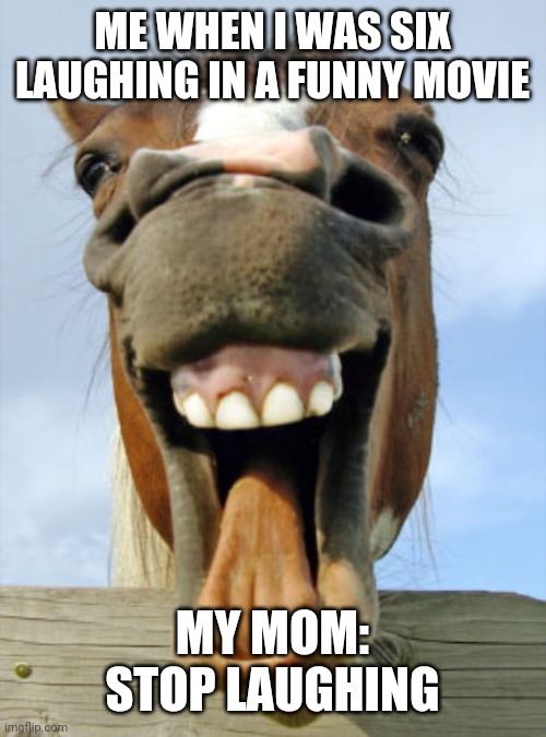 Horse teeth | ME WHEN I WAS SIX LAUGHING IN A FUNNY MOVIE; MY MOM: STOP LAUGHING | image tagged in horse teeth | made w/ Imgflip meme maker