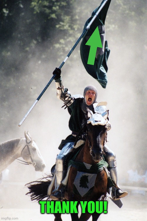 Knight on Horseback Charging with Flag | THANK YOU! | image tagged in knight on horseback charging with flag | made w/ Imgflip meme maker