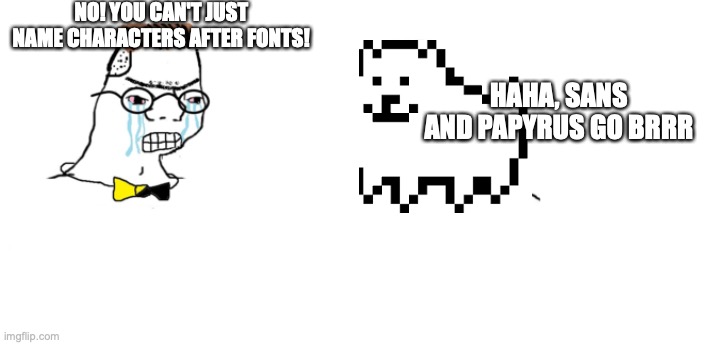 nooo haha go brrr | NO! YOU CAN'T JUST NAME CHARACTERS AFTER FONTS! HAHA, SANS AND PAPYRUS GO BRRR | image tagged in nooo haha go brrr | made w/ Imgflip meme maker