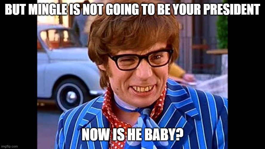 yeah baby | BUT MINGLE IS NOT GOING TO BE YOUR PRESIDENT NOW IS HE BABY? | image tagged in yeah baby | made w/ Imgflip meme maker